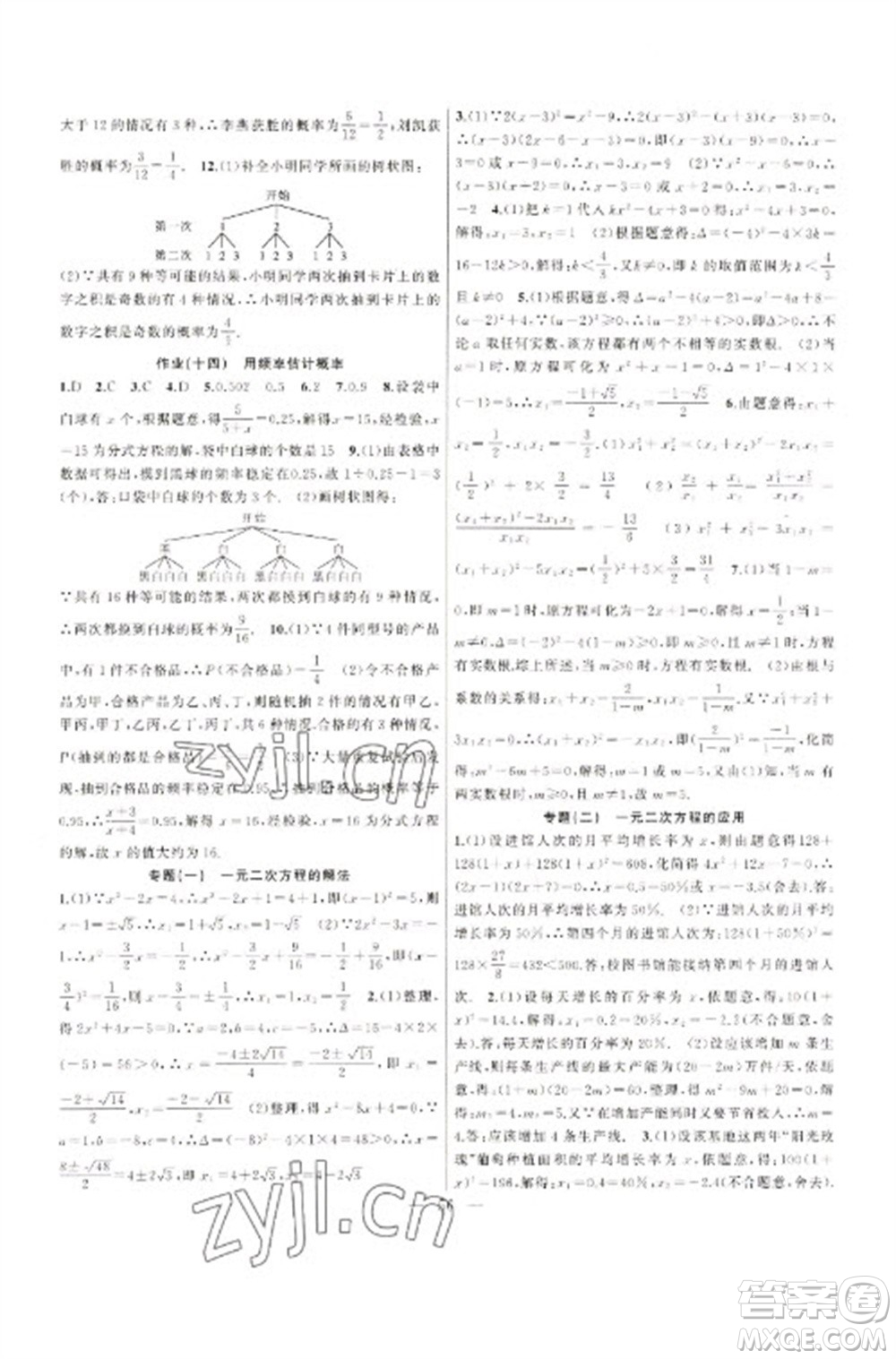 新疆青少年出版社2023寒假作業(yè)九年級(jí)數(shù)學(xué)人教版參考答案