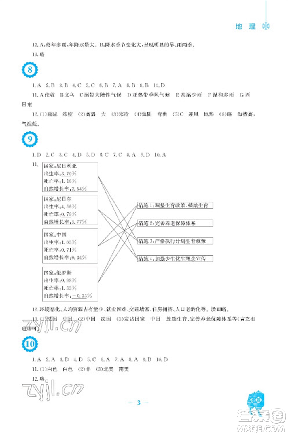 安徽教育出版社2023寒假作業(yè)七年級地理商務(wù)星球版參考答案