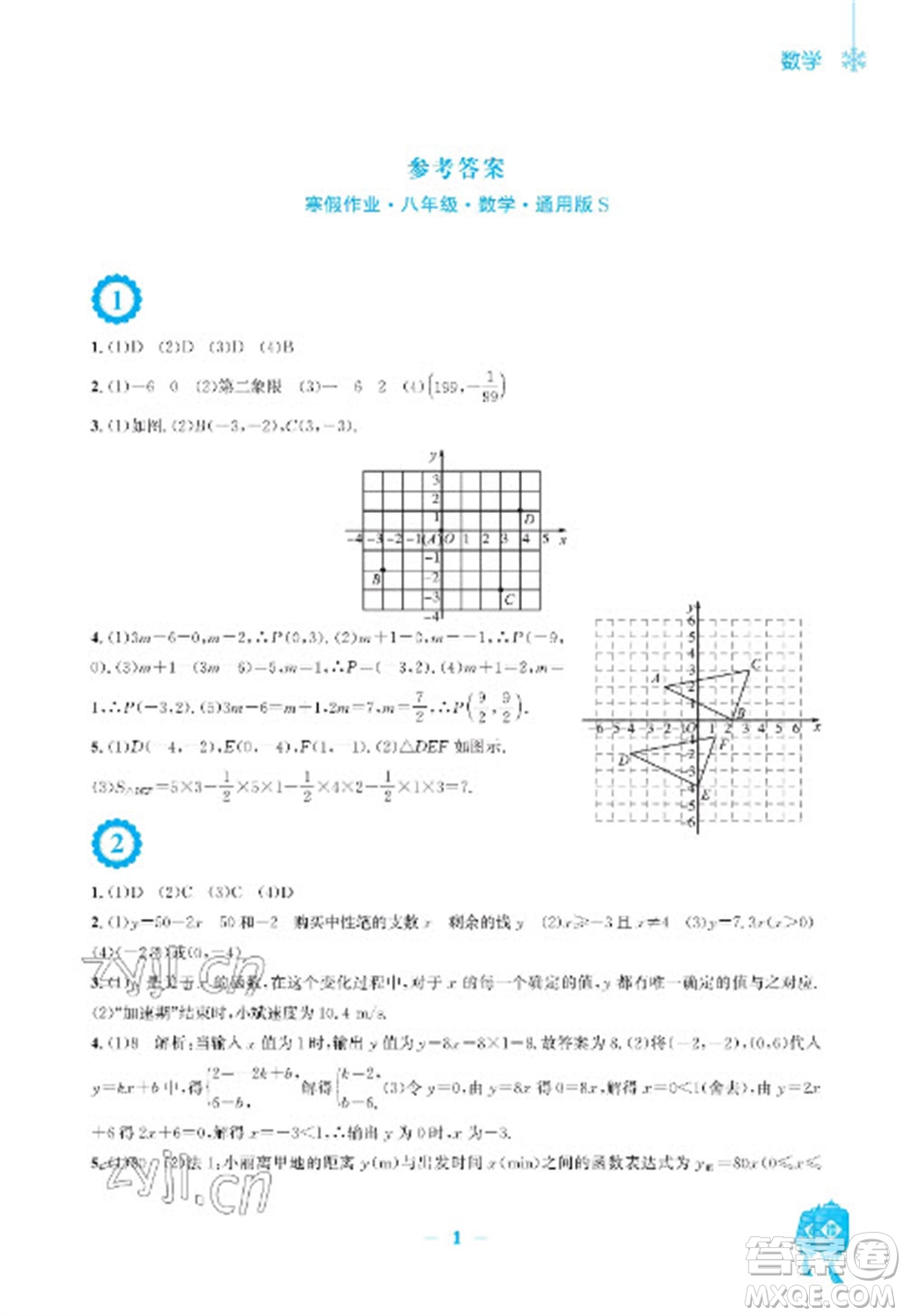 安徽教育出版社2023寒假作業(yè)八年級數(shù)學(xué)通用版參考答案