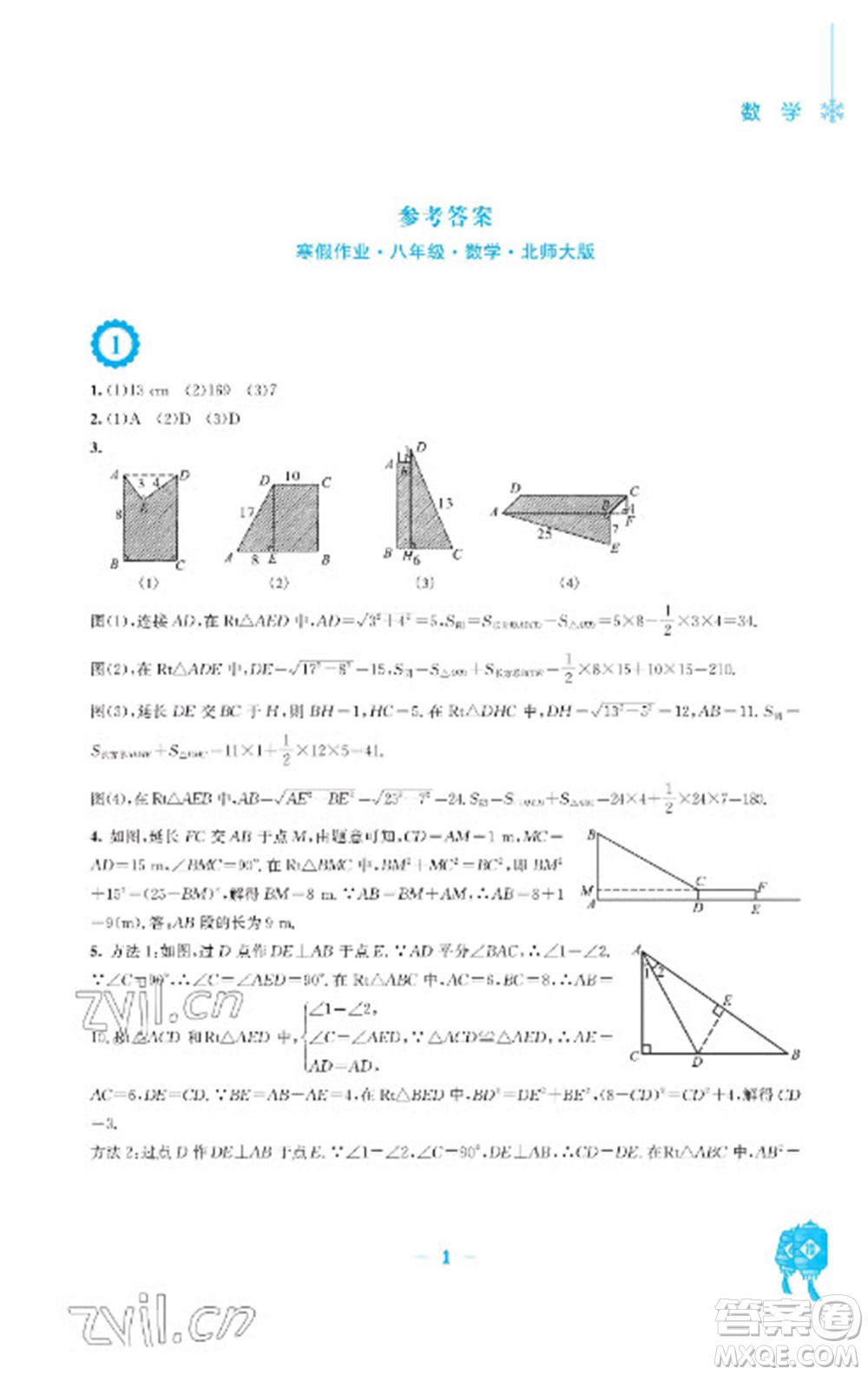 安徽教育出版社2023寒假作業(yè)八年級數(shù)學(xué)北師大版參考答案