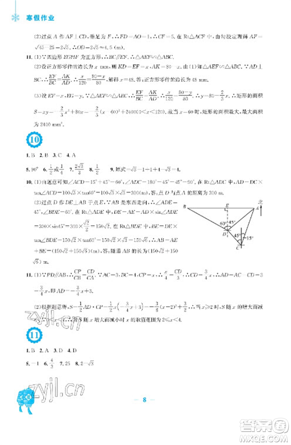 安徽教育出版社2023寒假作業(yè)九年級(jí)數(shù)學(xué)通用版參考答案