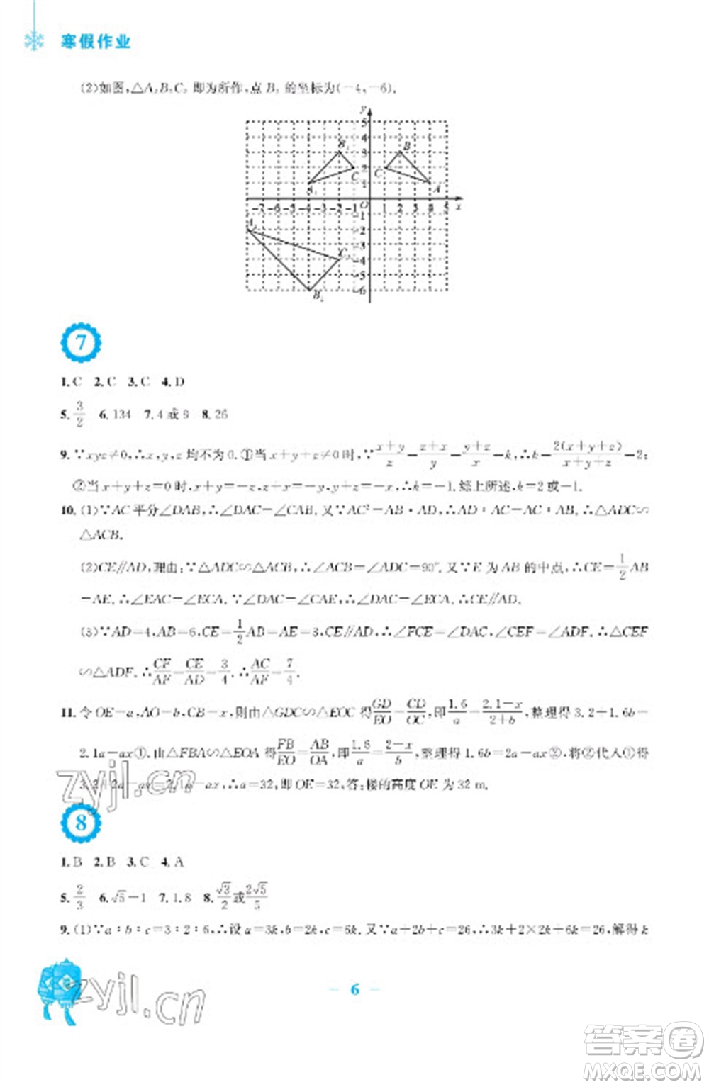 安徽教育出版社2023寒假作業(yè)九年級(jí)數(shù)學(xué)通用版參考答案