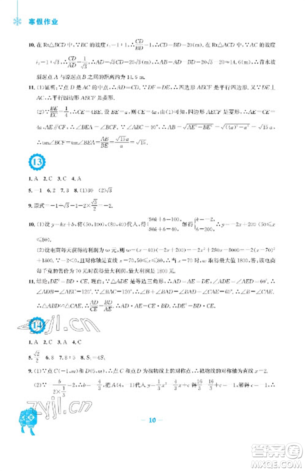 安徽教育出版社2023寒假作業(yè)九年級(jí)數(shù)學(xué)通用版參考答案