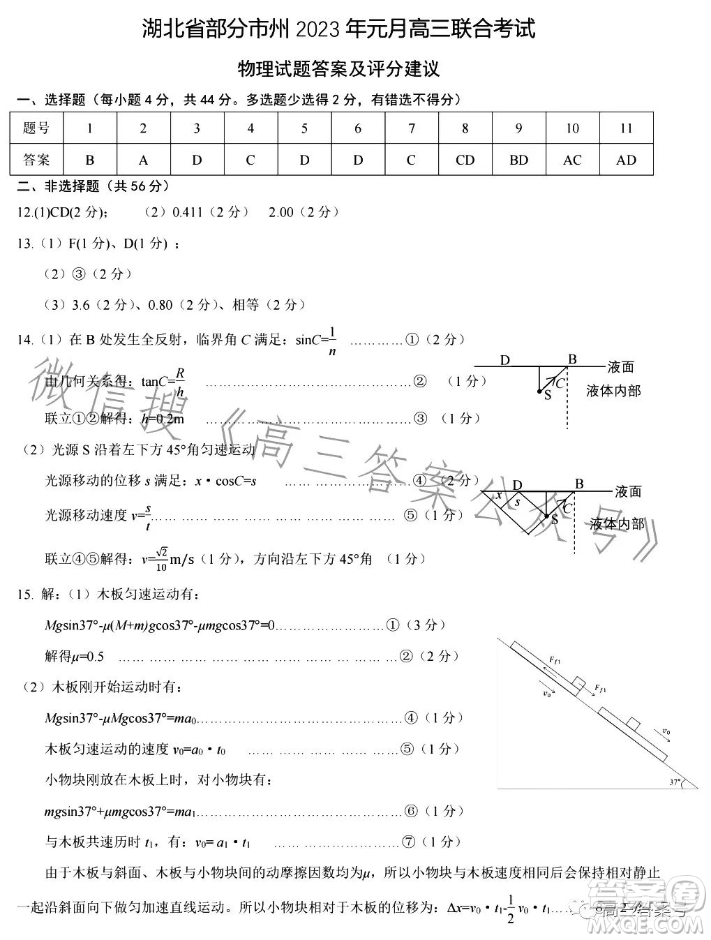 湖北省部分市州2023年元月高三年級(jí)聯(lián)合調(diào)研考試物理試卷答案