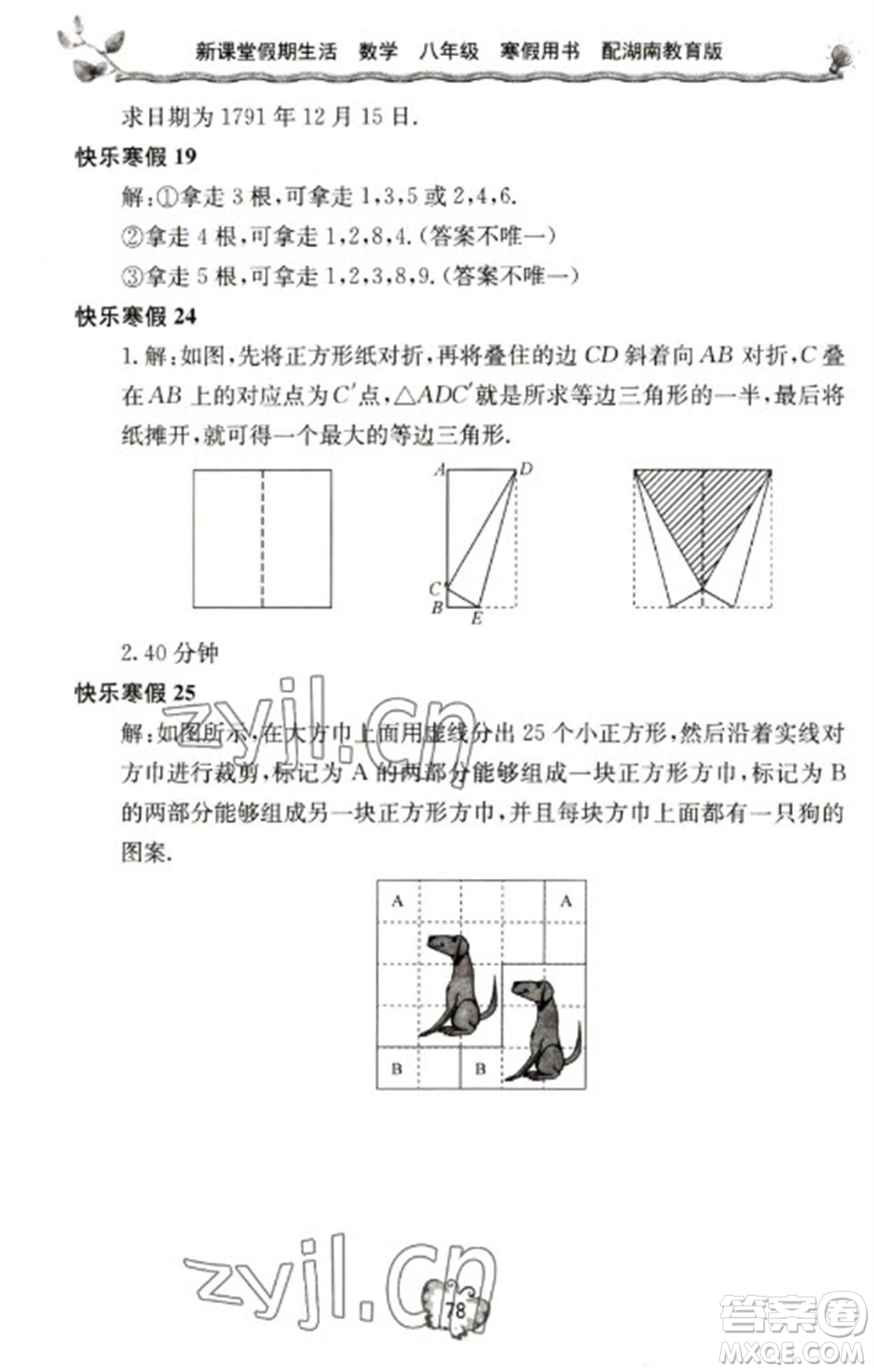 北京教育出版社2023新課堂假期生活寒假用書(shū)八年級(jí)數(shù)學(xué)湘教版參考答案