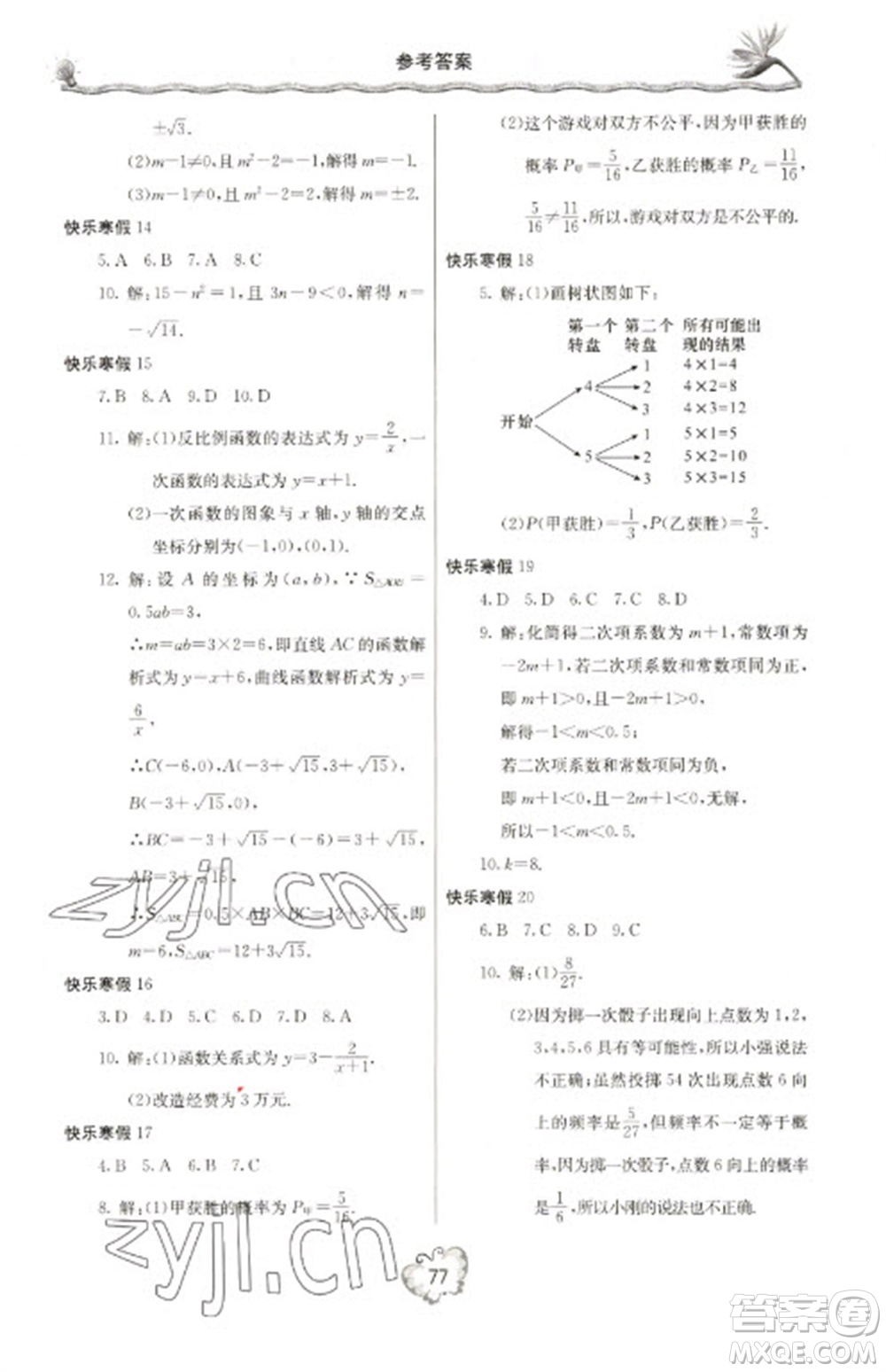 北京教育出版社2023新課堂假期生活寒假用書九年級數(shù)學(xué)北師大版參考答案