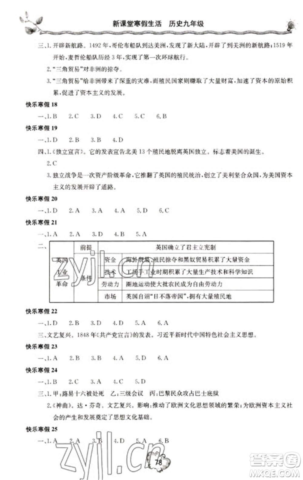 北京教育出版社2023新課堂寒假生活九年級(jí)歷史通用版參考答案