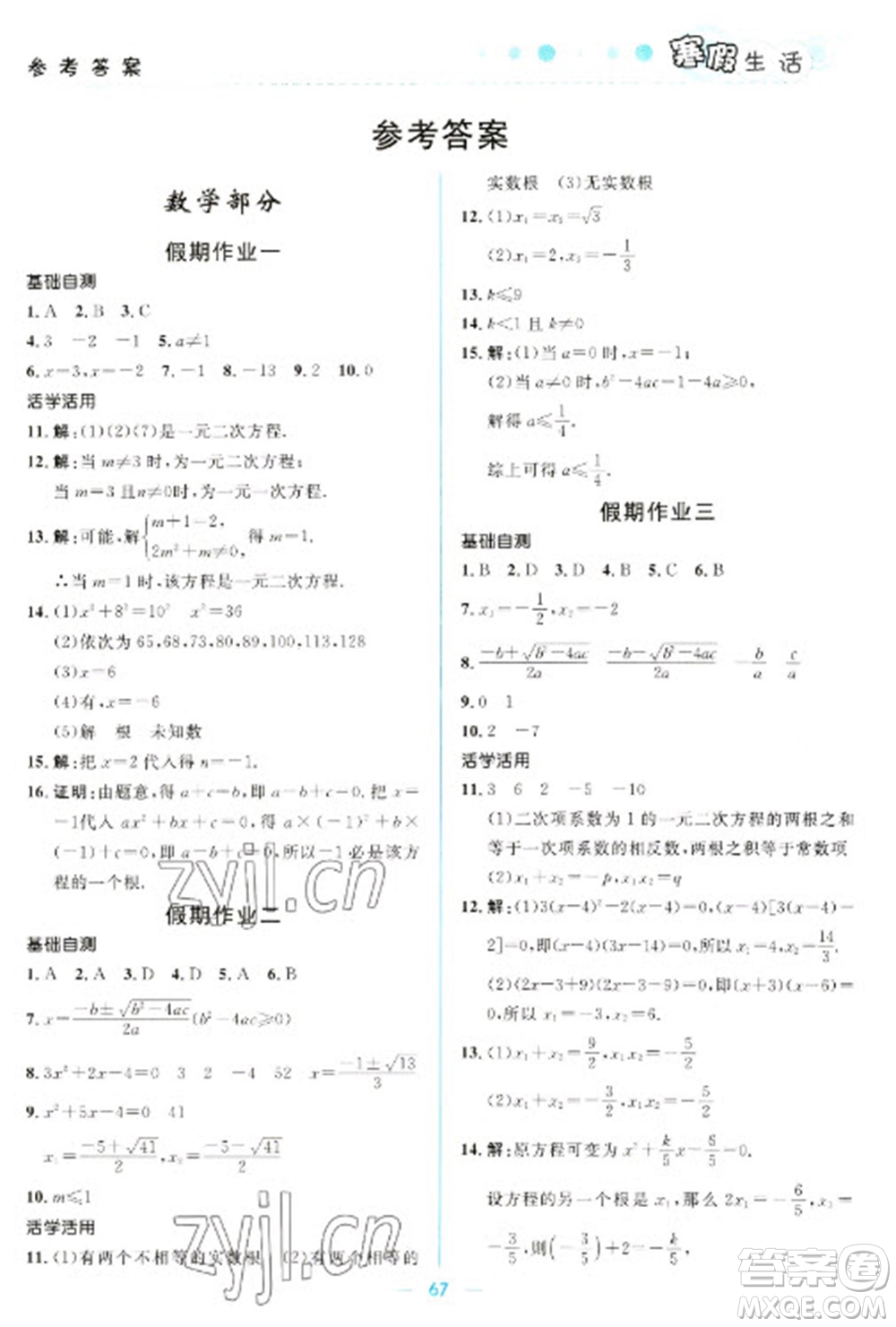 北京師范大學(xué)出版社2023寒假生活九年級(jí)理科合訂本人教版參考答案