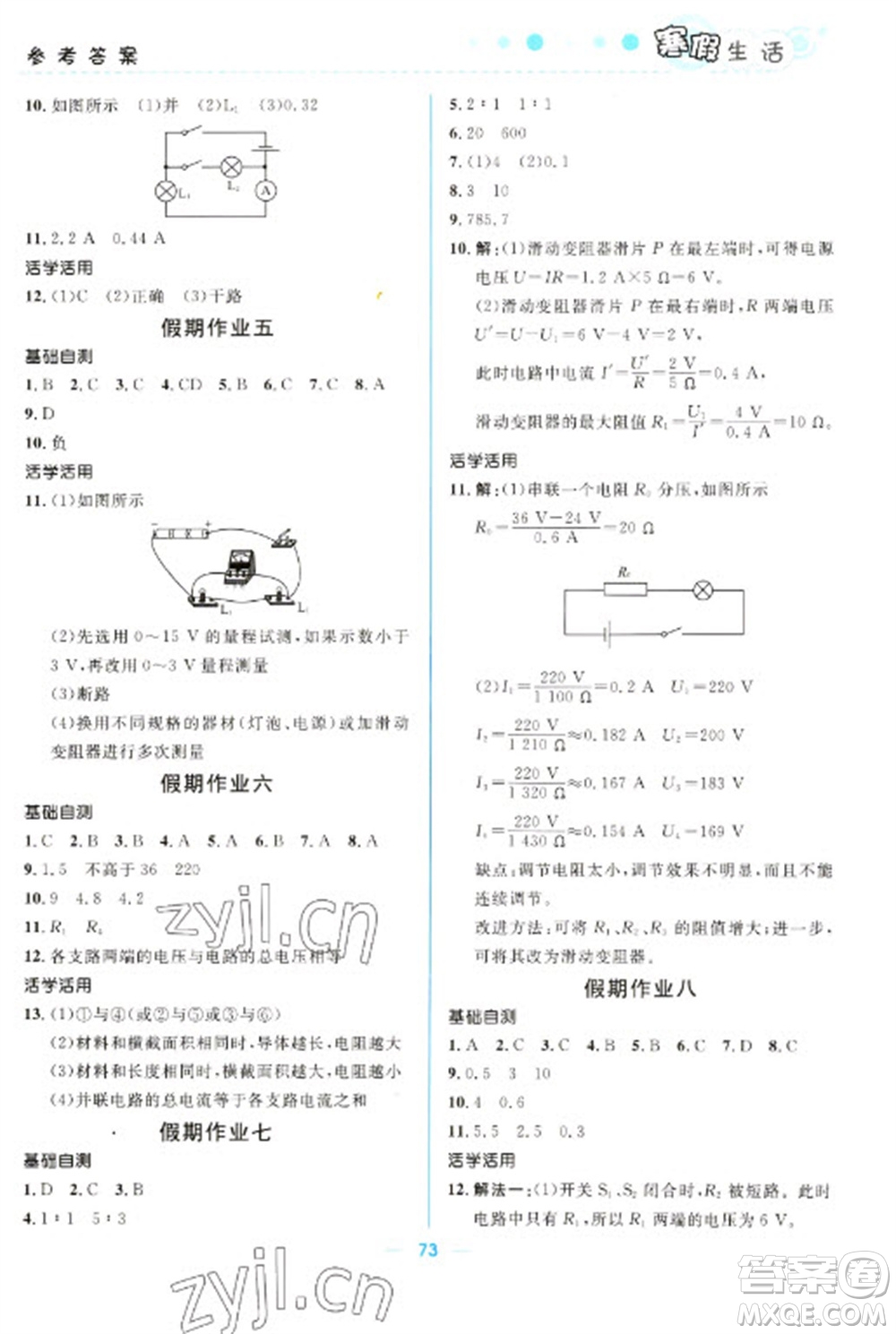 北京師范大學(xué)出版社2023寒假生活九年級(jí)理科合訂本人教版參考答案