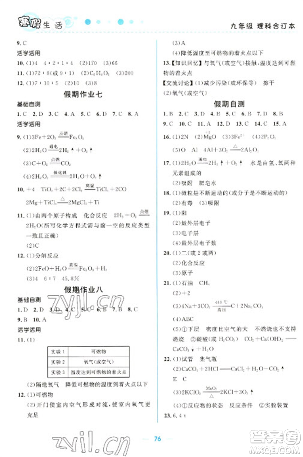 北京師范大學(xué)出版社2023寒假生活九年級(jí)理科合訂本人教版參考答案