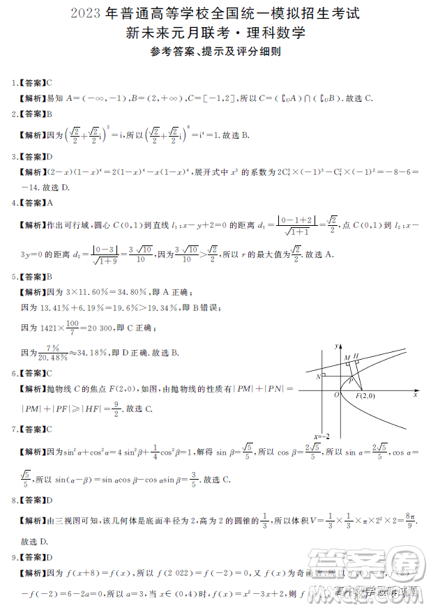 2023屆新未來(lái)元月聯(lián)考理科數(shù)學(xué)試題答案