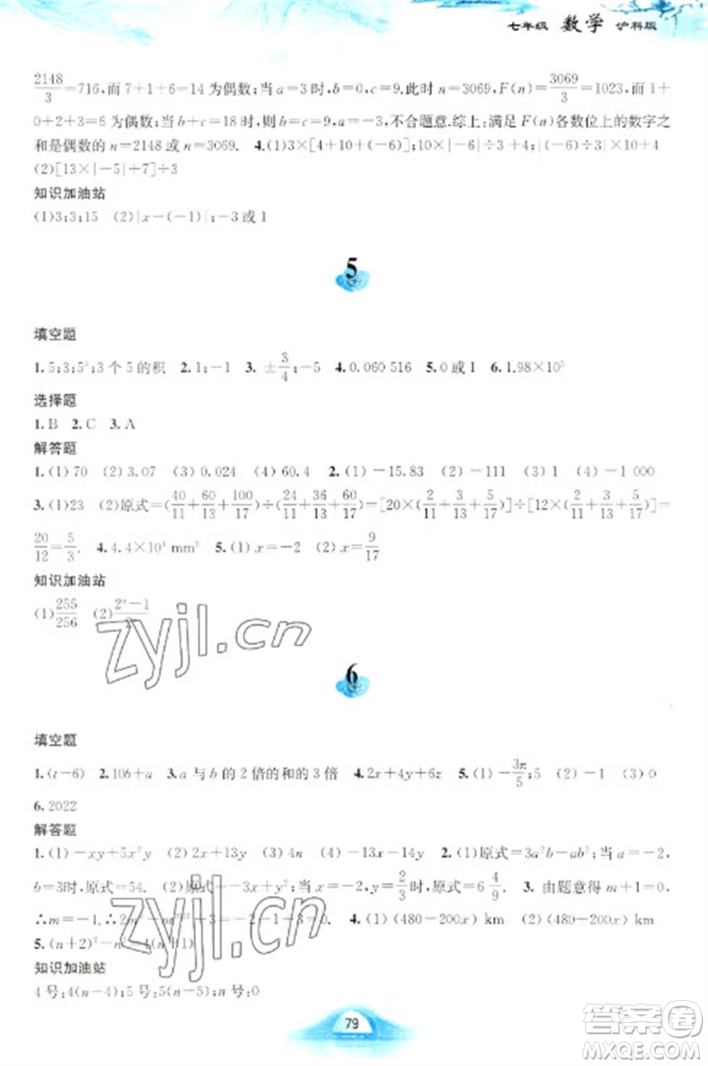 黃山書(shū)社2023寒假作業(yè)七年級(jí)數(shù)學(xué)滬科版參考答案