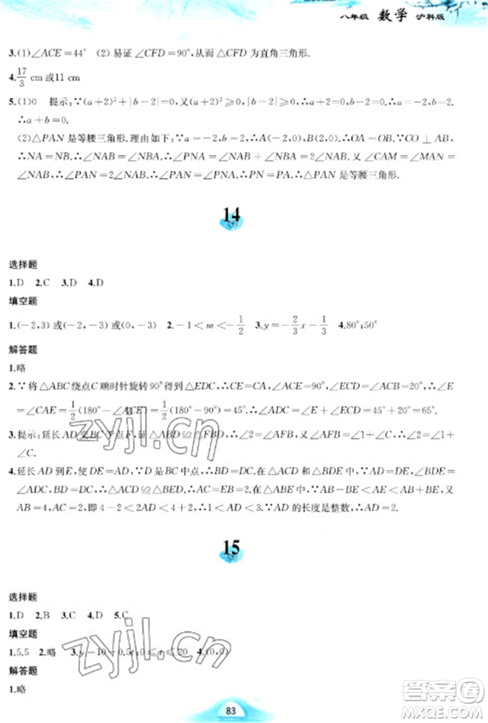 黃山書社2023寒假作業(yè)八年級數(shù)學滬科版參考答案