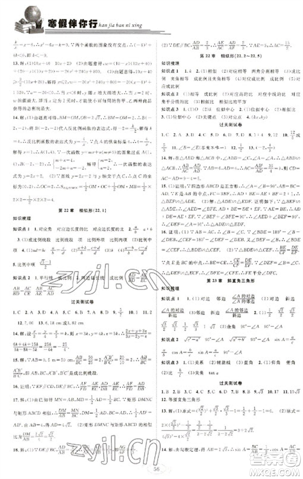 合肥工業(yè)大學出版社2023假期伴你行寒假復習計劃九年級數學滬科版參考答案