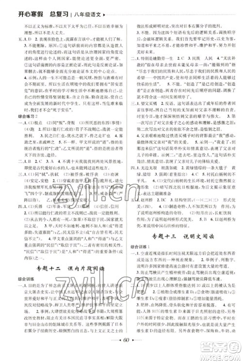 南方出版社2023開心寒假總復(fù)習(xí)八年級語文通用版參考答案