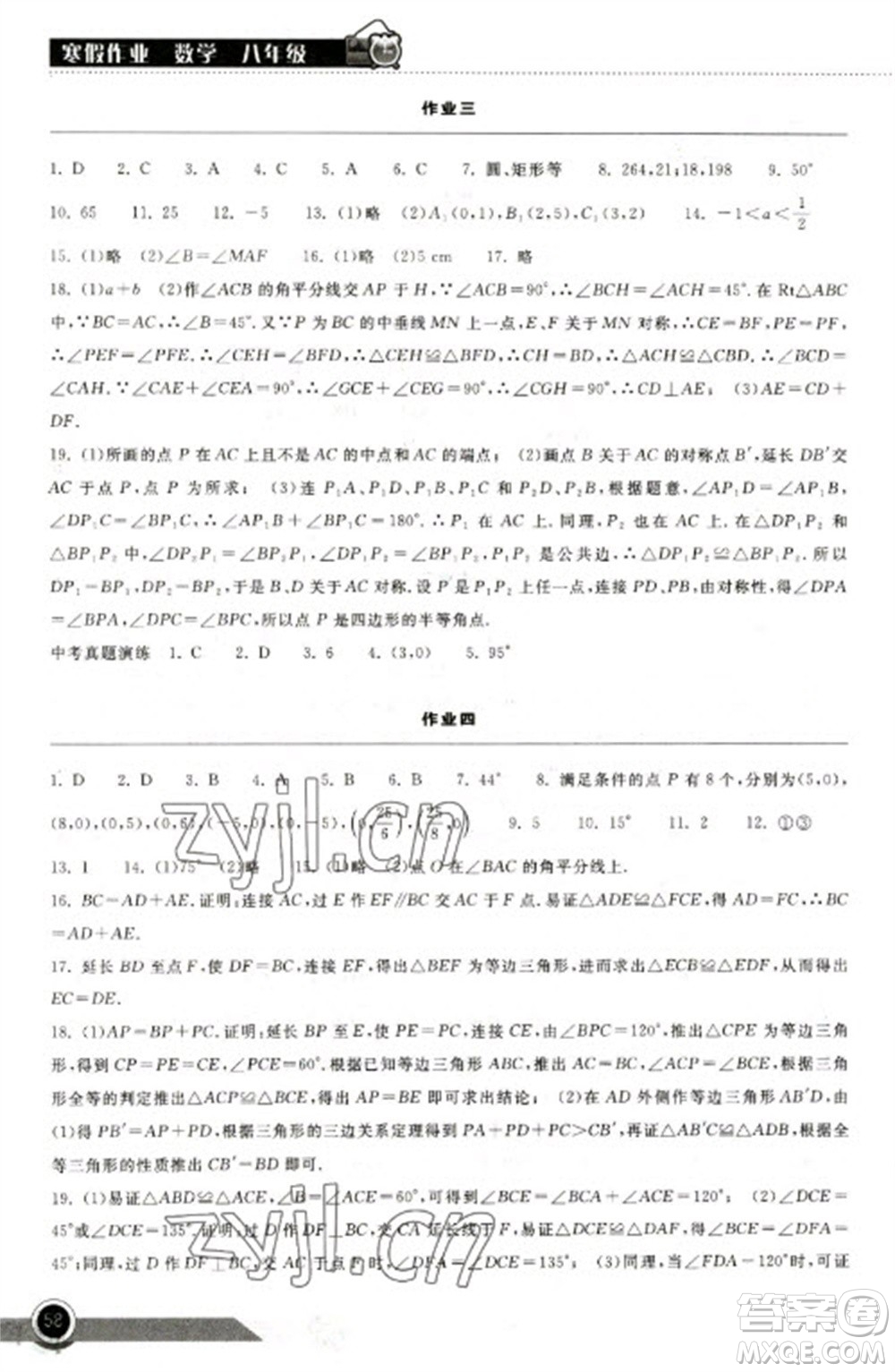 湖北教育出版社2023長江作業(yè)本寒假作業(yè)八年級數(shù)學(xué)人教版參考答案