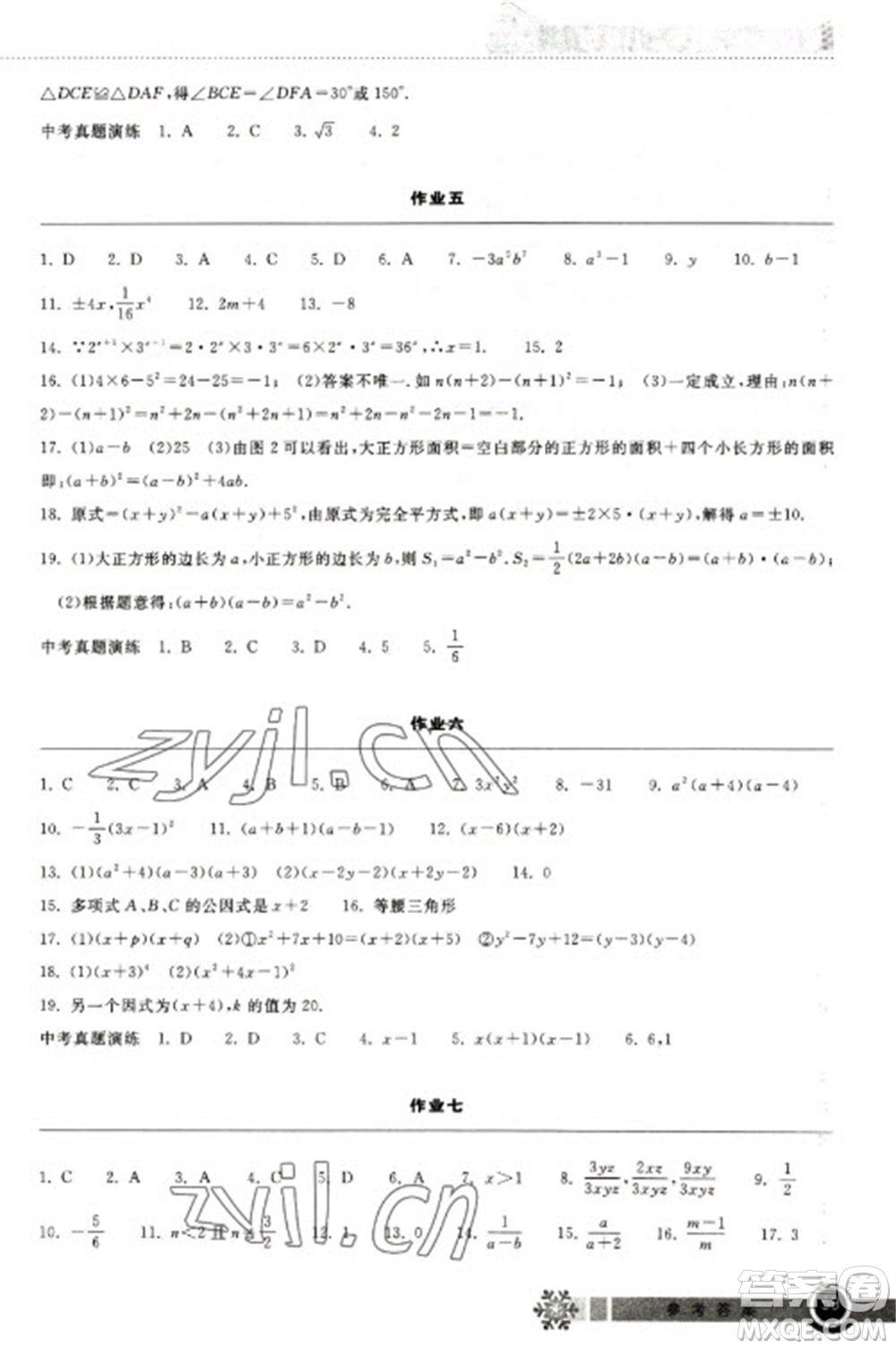 湖北教育出版社2023長江作業(yè)本寒假作業(yè)八年級數(shù)學(xué)人教版參考答案