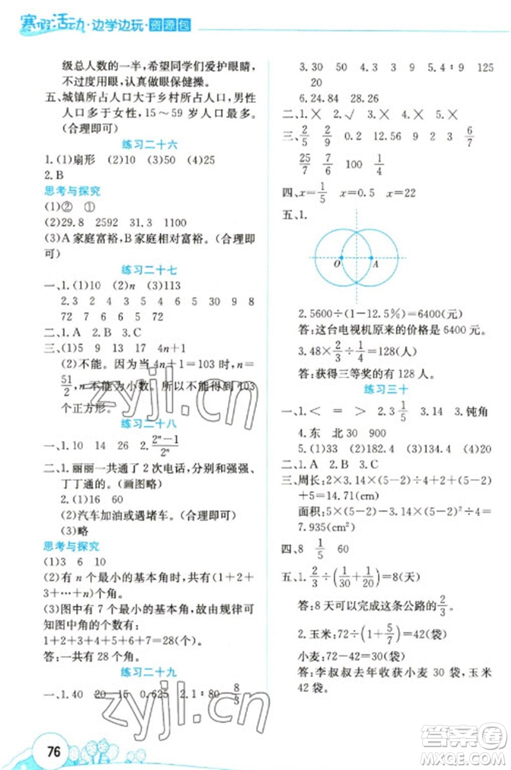 云南大學出版社2023寒假活動邊學邊玩資源包六年級數學通用版參考答案