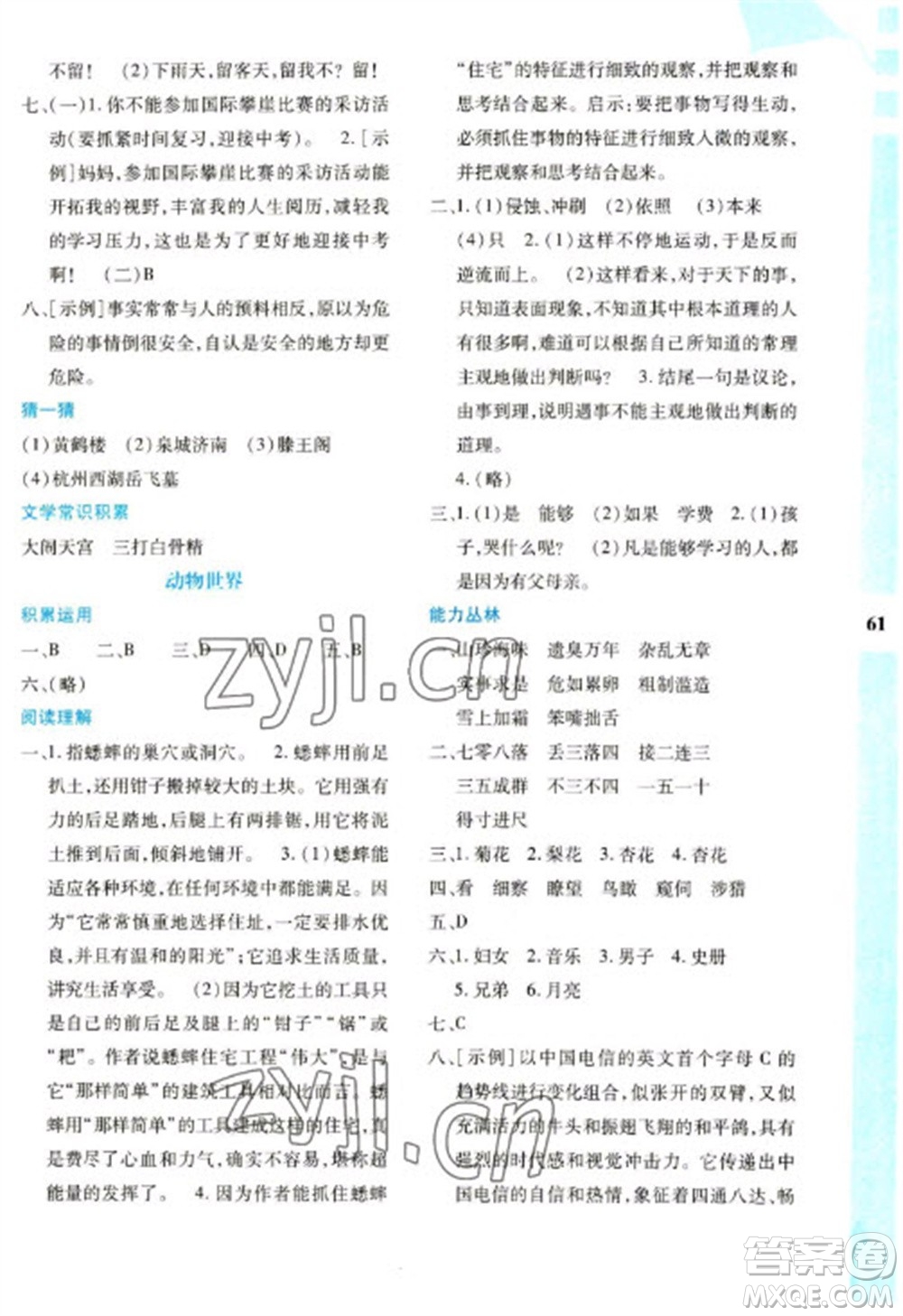 陜西人民教育出版社2023寒假作業(yè)與生活七年級語文人教版參考答案