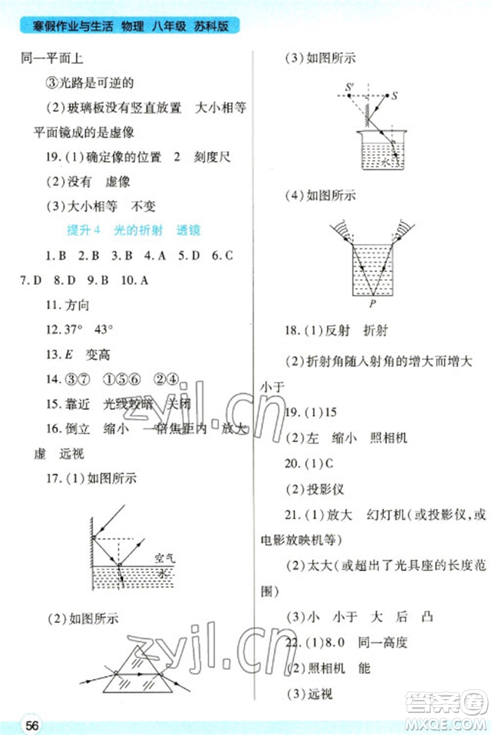 陜西師范大學出版總社2023寒假作業(yè)與生活八年級物理蘇科版參考答案