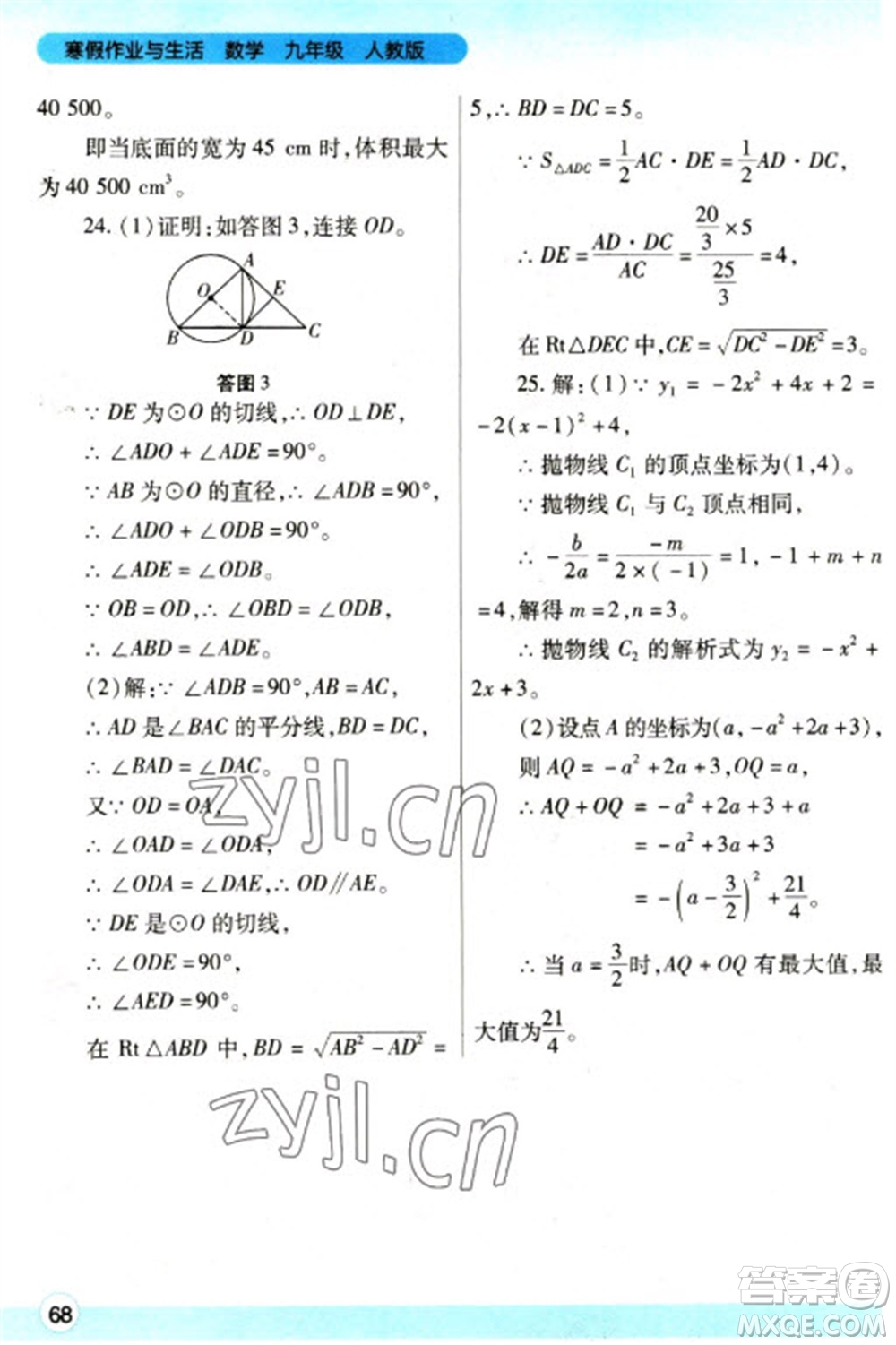 陜西師范大學(xué)出版總社2023寒假作業(yè)與生活九年級數(shù)學(xué)人教版參考答案