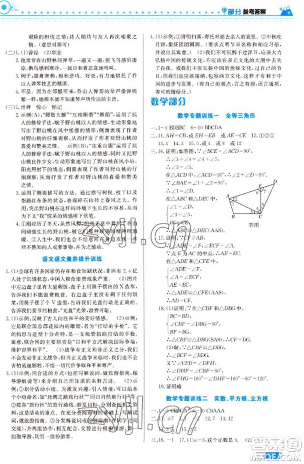 安徽科學(xué)技術(shù)出版社2023寒假生活八年級語數(shù)外物合訂本通用版參考答案