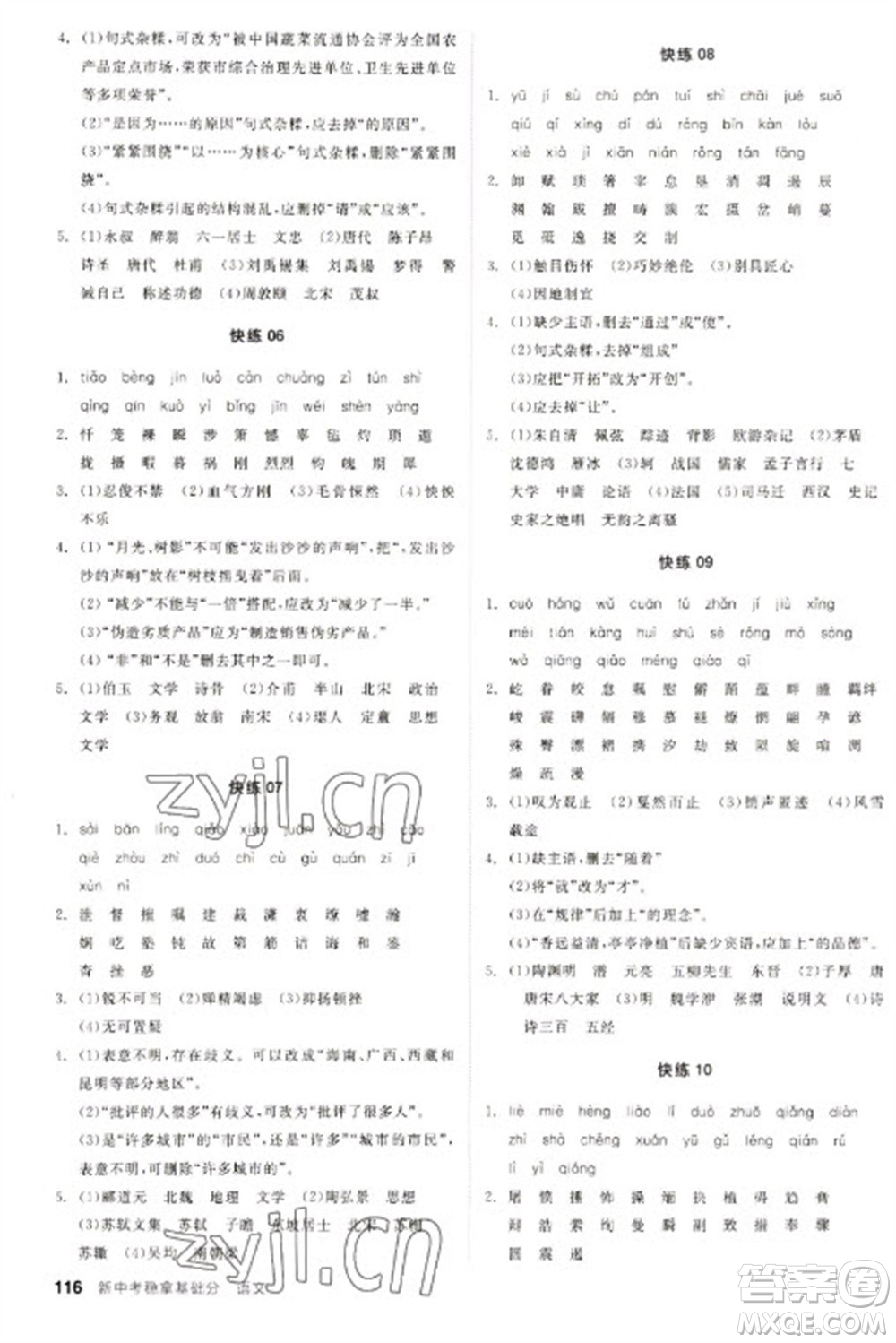 陽光出版社2023全品新中考穩(wěn)拿基礎(chǔ)分九年級語文通用版參考答案