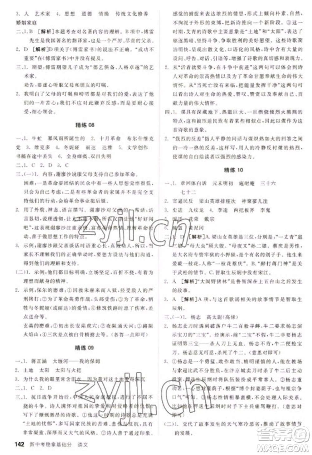 陽光出版社2023全品新中考穩(wěn)拿基礎(chǔ)分九年級語文通用版參考答案