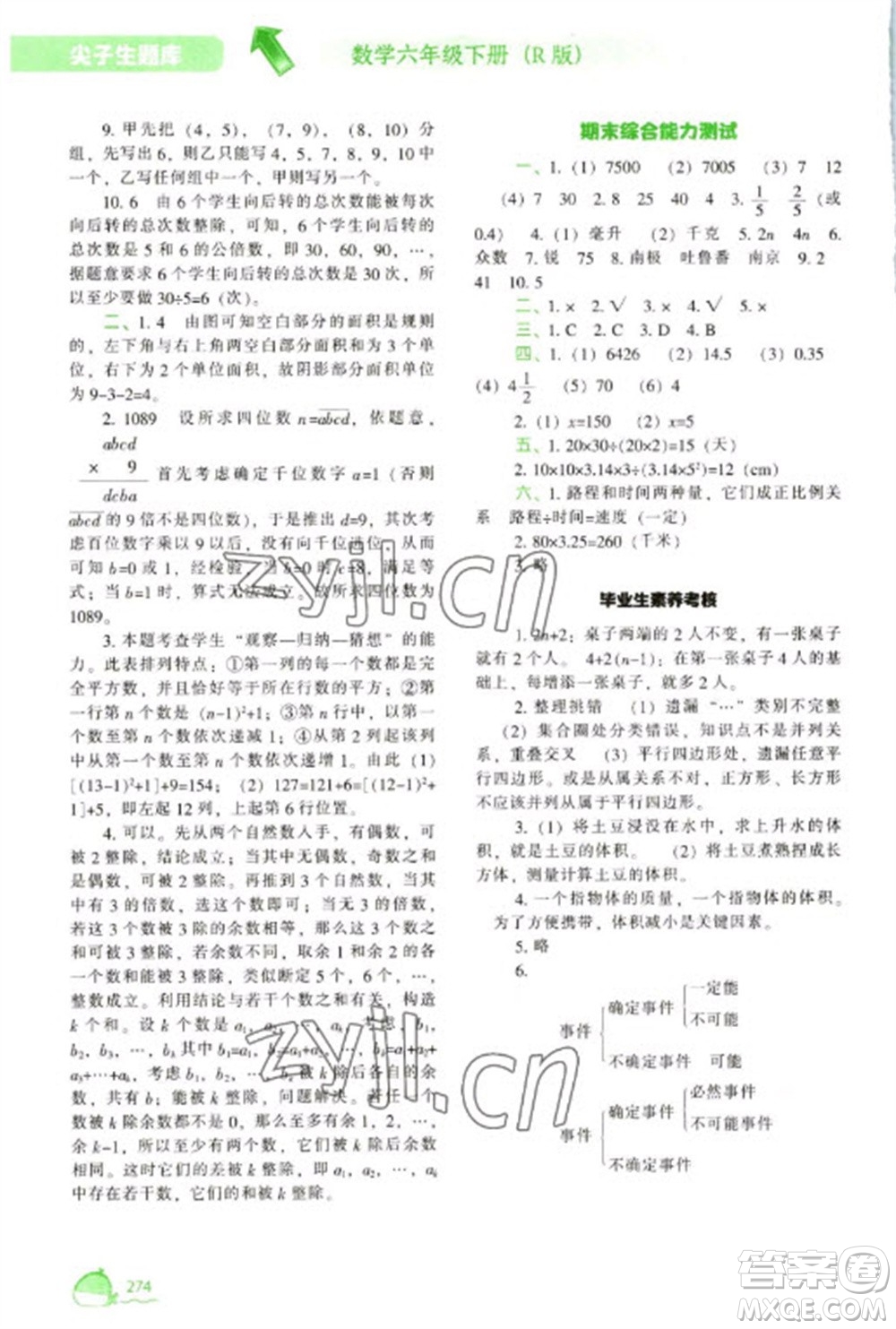 遼寧教育出版社2023尖子生題庫六年級下冊數(shù)學人教版參考答案