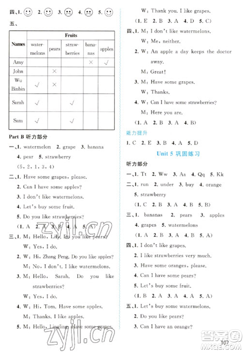 廣西教育出版社2023新課程學(xué)習(xí)與測評同步學(xué)習(xí)三年級下冊英語人教版參考答案