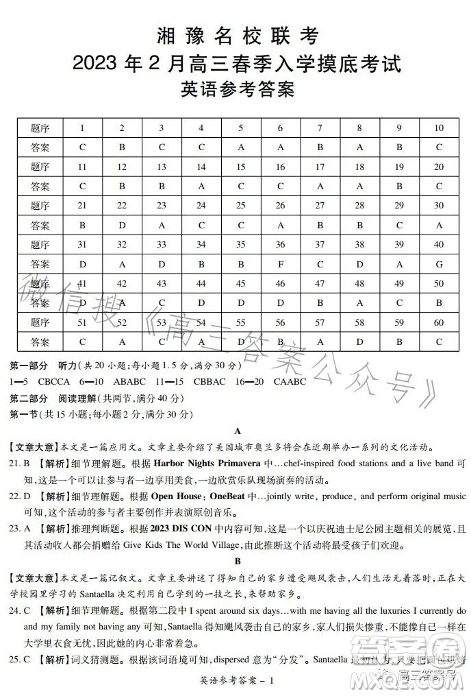 湘豫名校聯(lián)考2023年2月高三春季入學(xué)摸底考試英語(yǔ)試卷答案