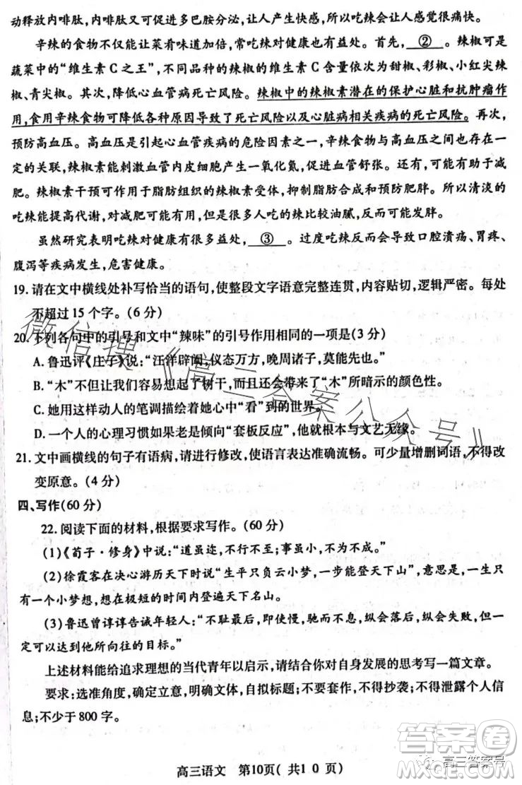 平許濟(jì)洛2022-2023學(xué)年高三第二次質(zhì)量檢測語文試卷答案