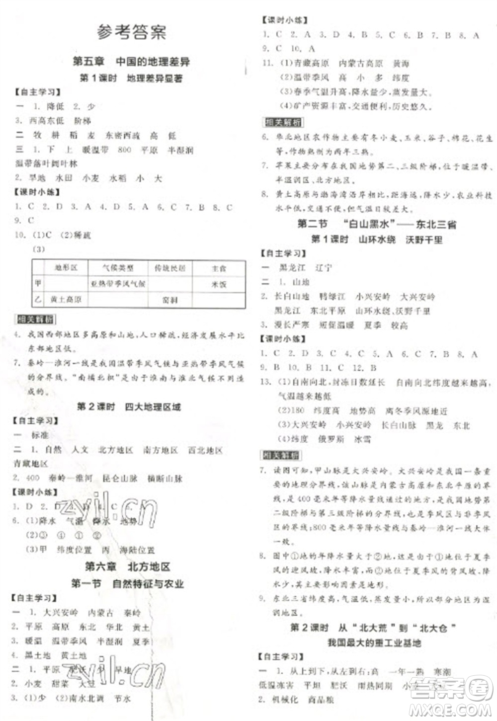 陽光出版社2023全品學(xué)練考八年級下冊地理人教版參考答案