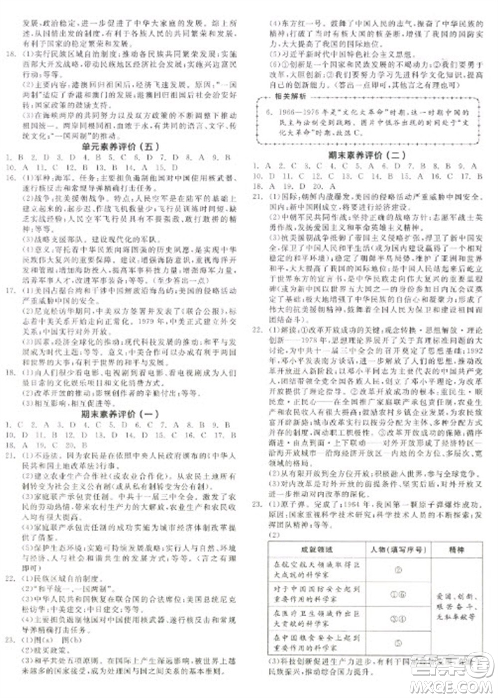 陽(yáng)光出版社2023全品學(xué)練考八年級(jí)下冊(cè)中國(guó)歷史人教版徐州專(zhuān)版參考答案