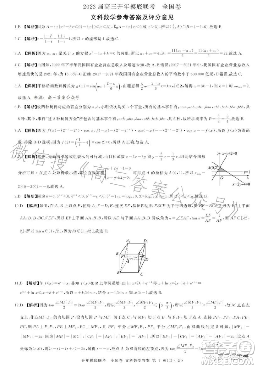 百師聯(lián)盟2023屆高三開年摸底聯(lián)考全國卷文科數(shù)學(xué)試題答案