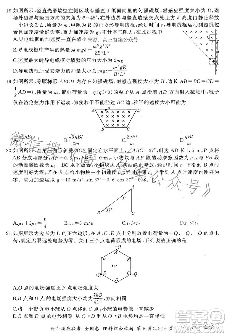 百師聯(lián)盟2023屆高三開年摸底聯(lián)考全國卷理科綜合試題答案