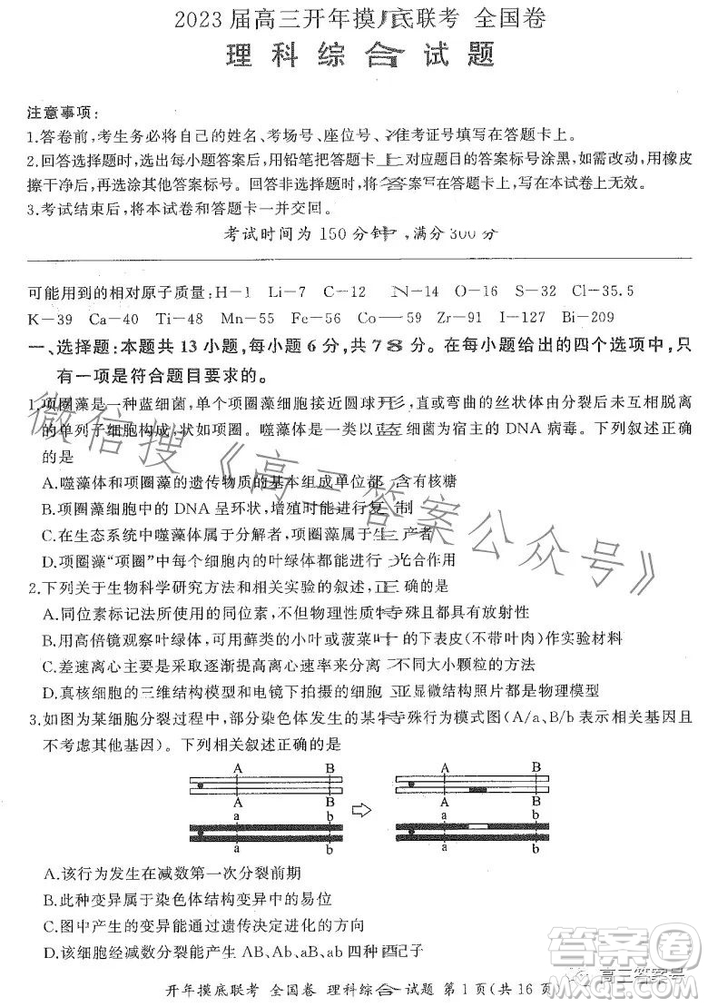 百師聯(lián)盟2023屆高三開年摸底聯(lián)考全國卷理科綜合試題答案