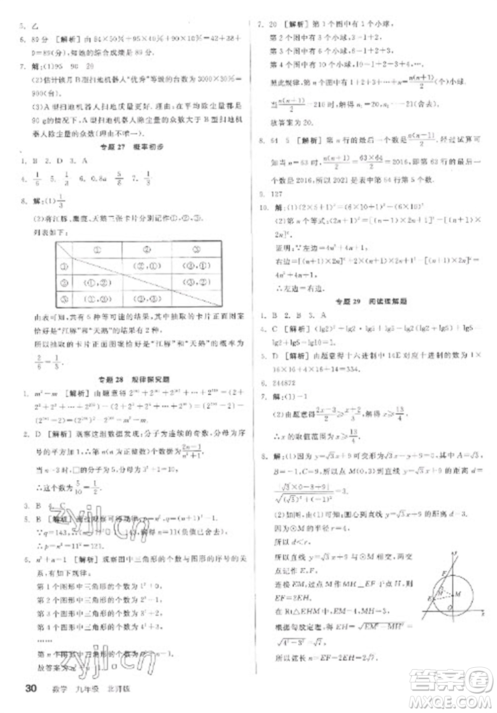 陽光出版社2023全品學練考九年級下冊數(shù)學北師大版參考答案