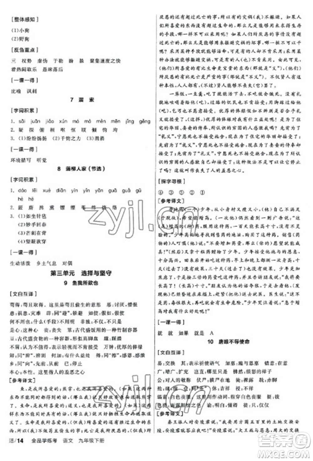 陽(yáng)光出版社2023全品學(xué)練考九年級(jí)下冊(cè)語(yǔ)文人教版參考答案