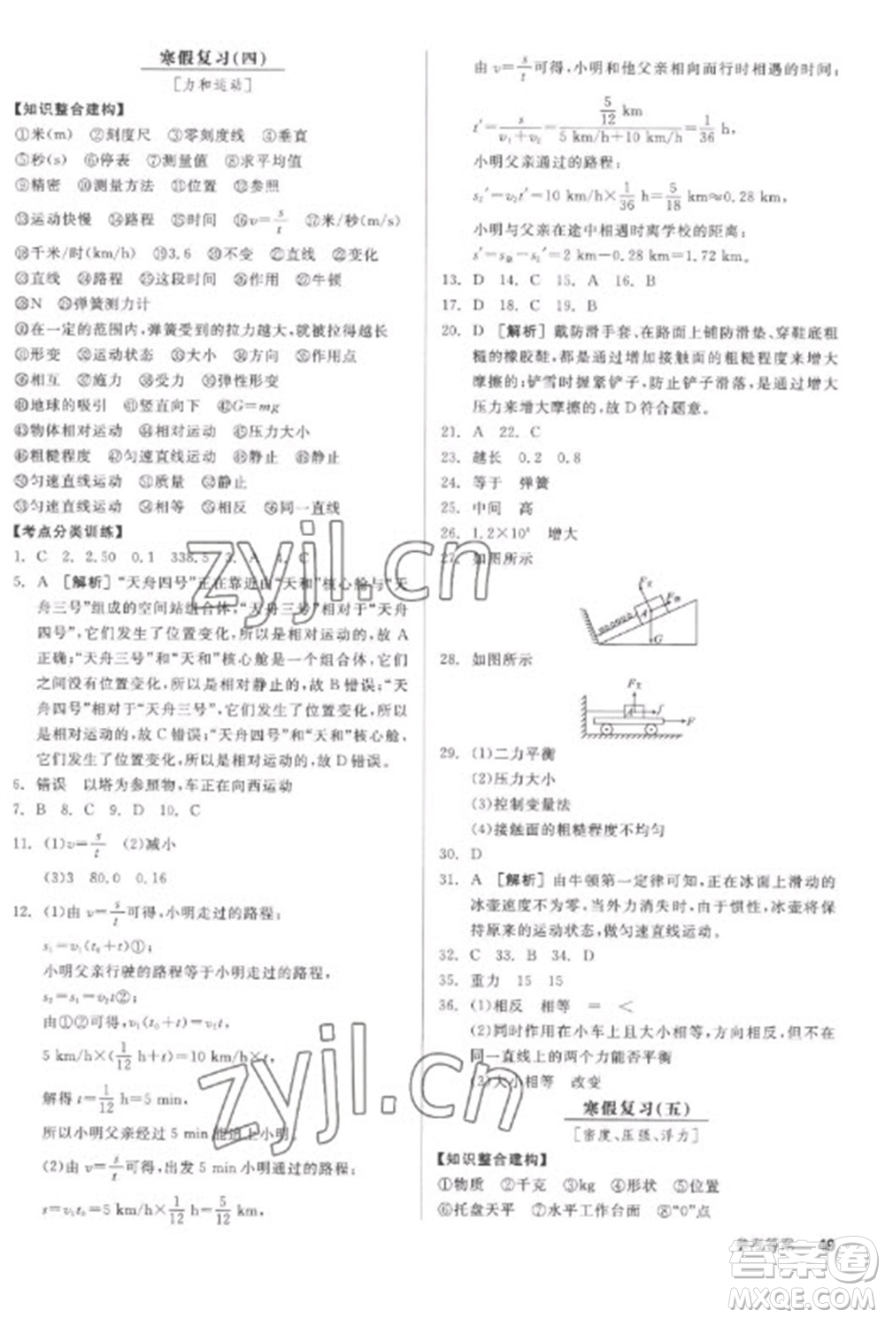 陽光出版社2023全品學(xué)練考九年級下冊物理滬粵版參考答案