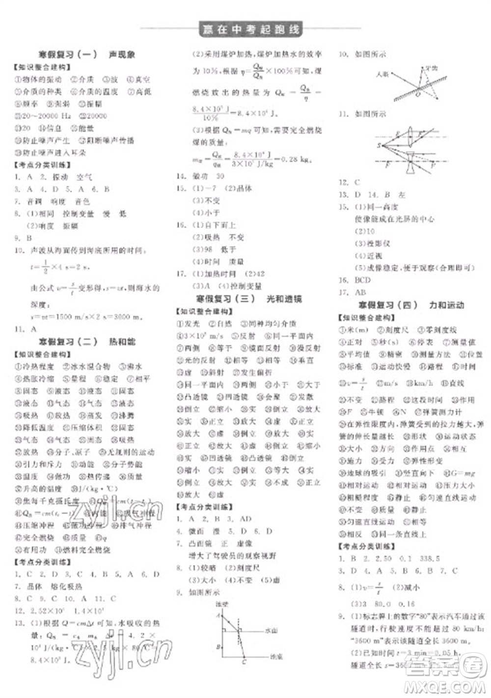 陽光出版社2023全品學練考九年級下冊物理人教版參考答案