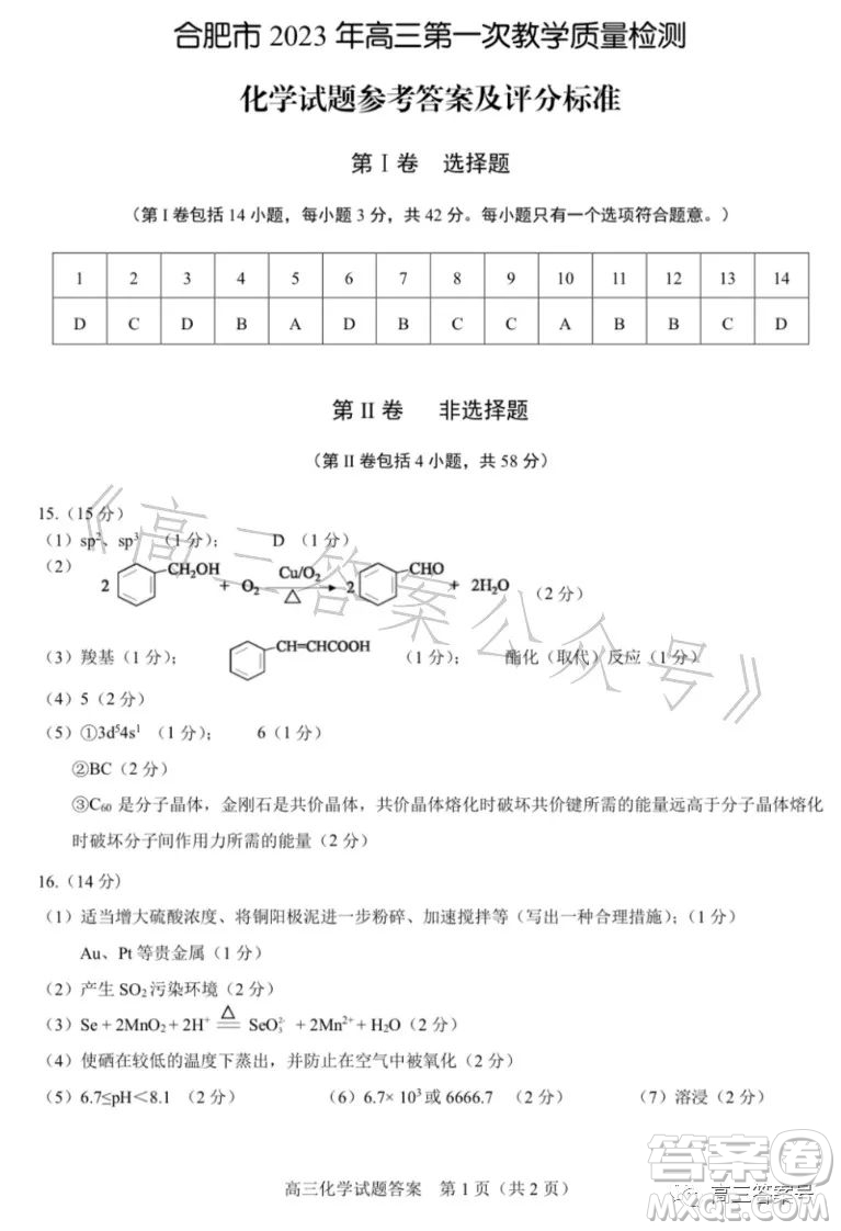 合肥市2023年高三第一次教學(xué)質(zhì)量檢測化學(xué)試卷答案