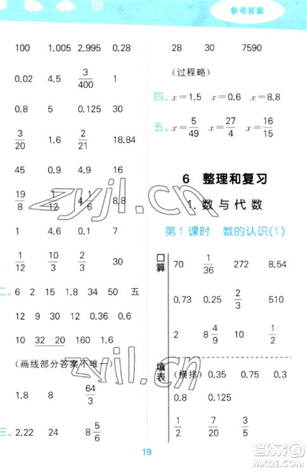 教育科學出版社2023口算大通關(guān)六年級下冊數(shù)學人教版參考答案