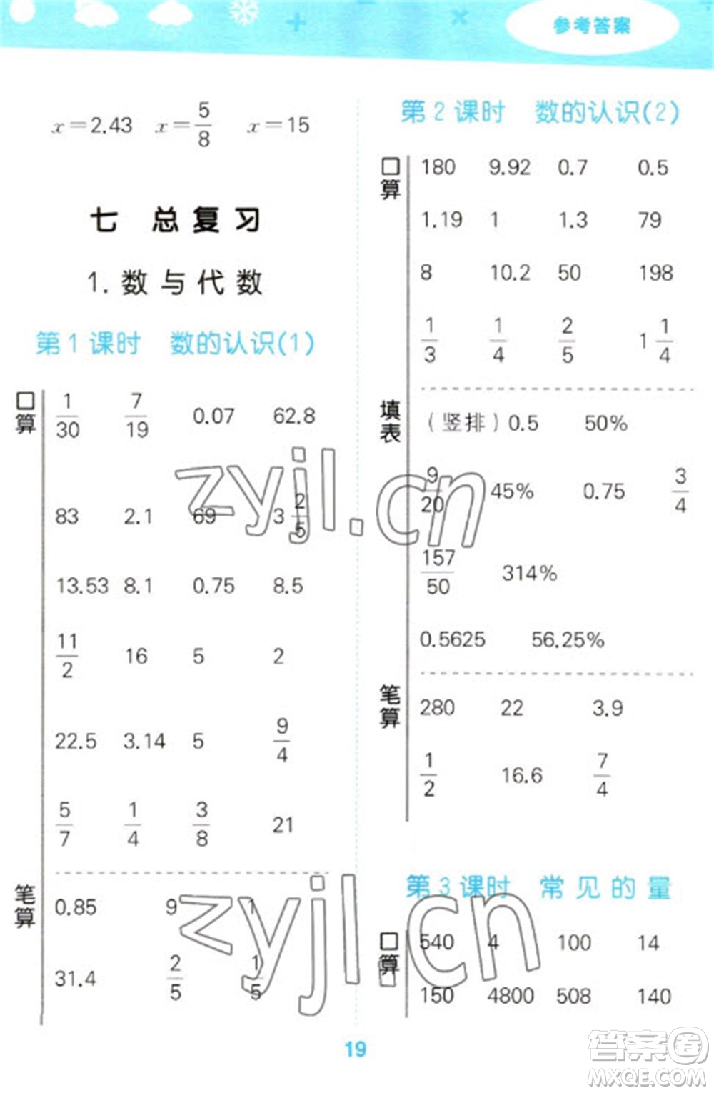 地質(zhì)出版社2023口算大通關(guān)六年級下冊數(shù)學(xué)蘇教版參考答案