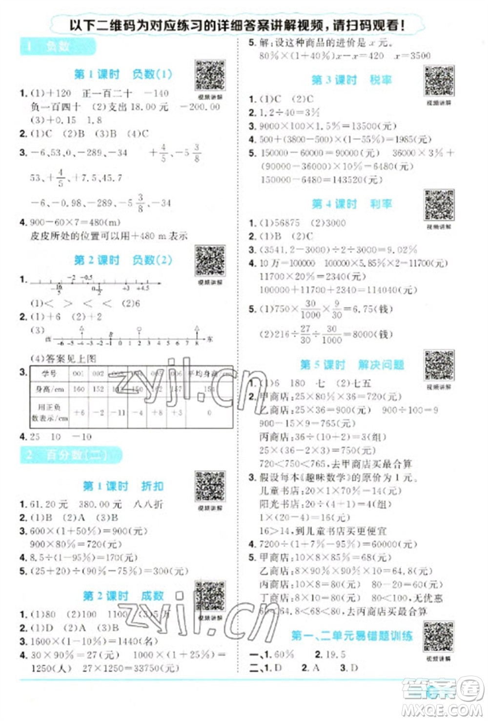 江西教育出版社2023陽光同學(xué)課時(shí)優(yōu)化作業(yè)六年級數(shù)學(xué)下冊人教版參考答案