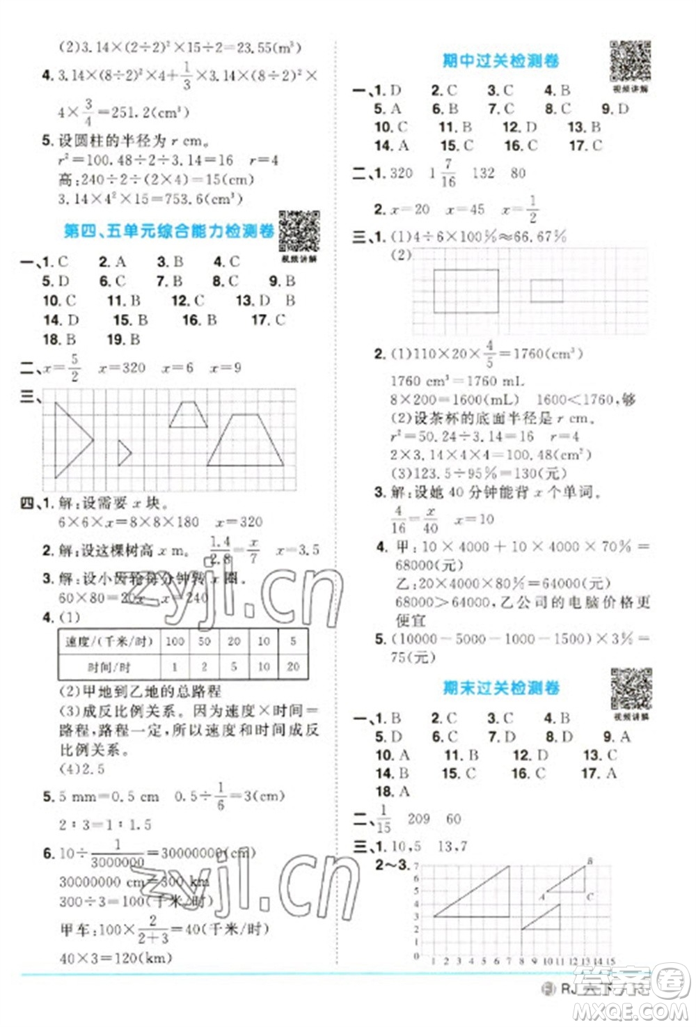 福建少年兒童出版社2023陽光同學(xué)課時(shí)優(yōu)化作業(yè)六年級數(shù)學(xué)下冊人教版福建專版參考答案