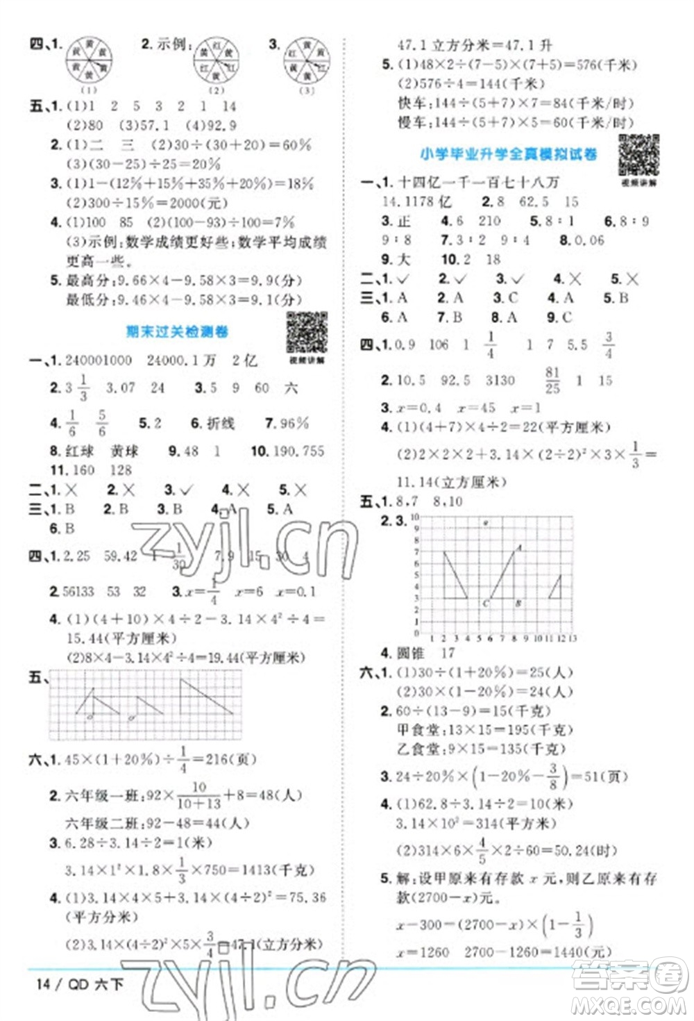 江西教育出版社2023陽光同學(xué)課時(shí)優(yōu)化作業(yè)六年級(jí)數(shù)學(xué)下冊(cè)青島版參考答案