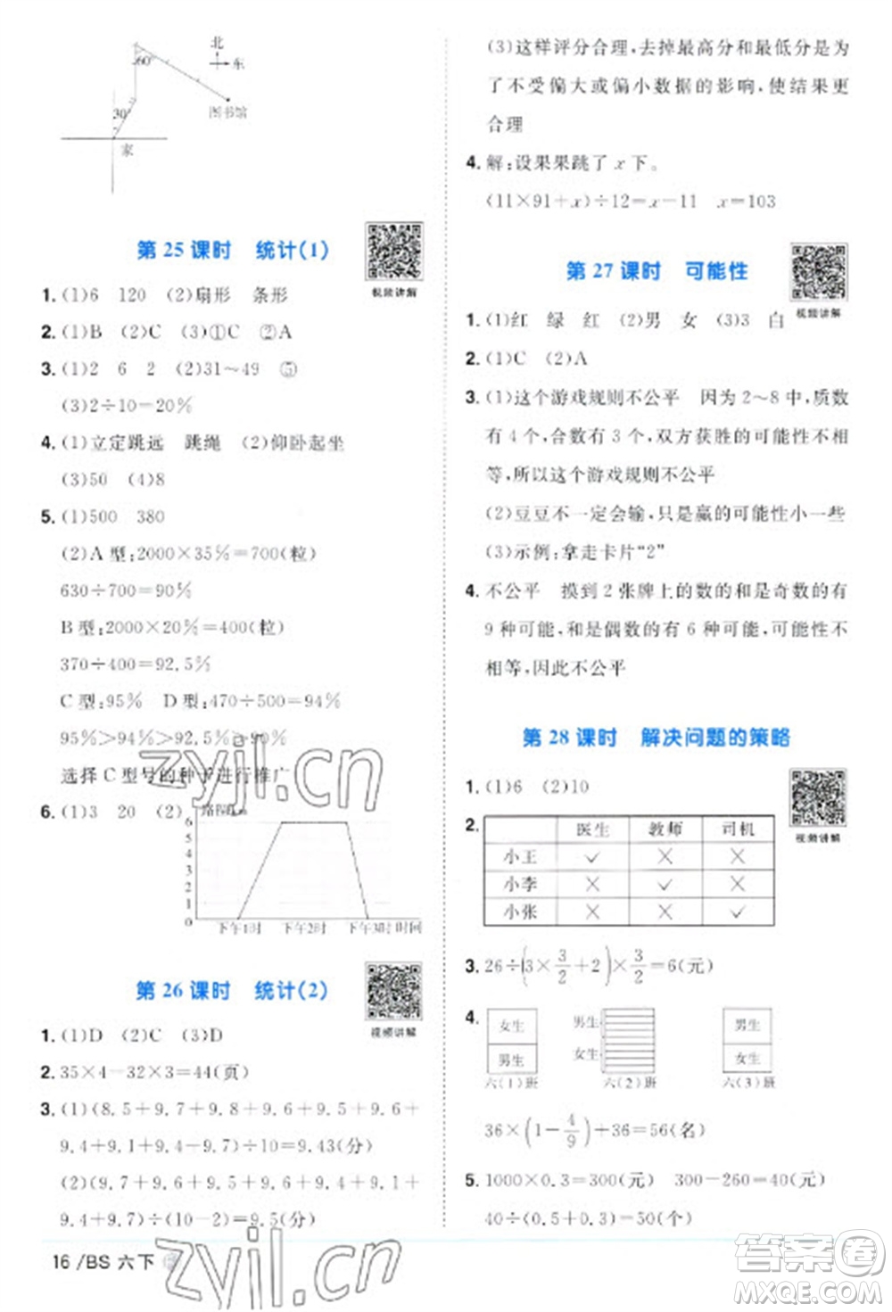 江西教育出版社2023陽光同學(xué)課時優(yōu)化作業(yè)六年級數(shù)學(xué)下冊北師大版福建專版參考答案