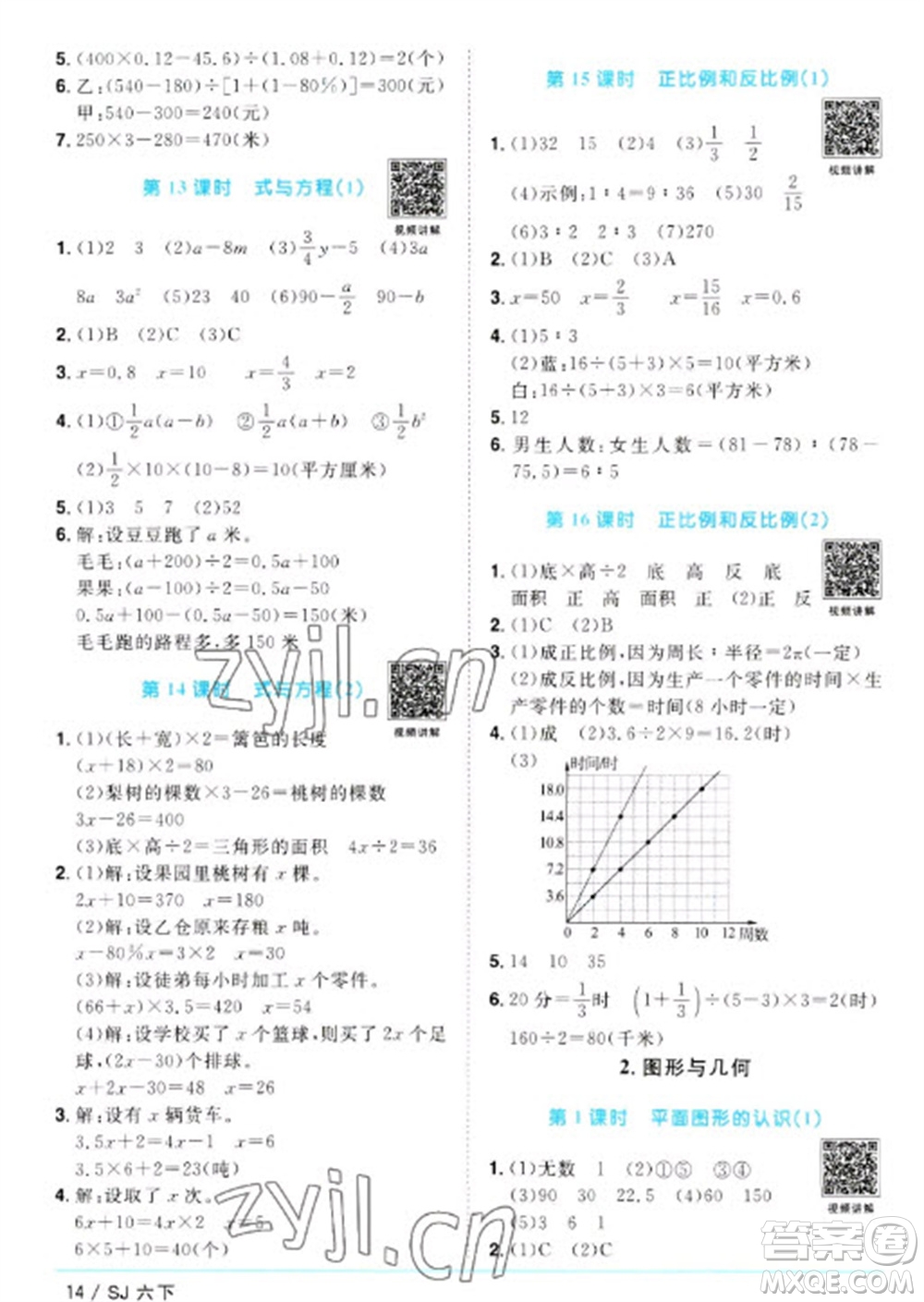 江西教育出版社2023陽光同學(xué)課時優(yōu)化作業(yè)六年級數(shù)學(xué)下冊蘇教版參考答案