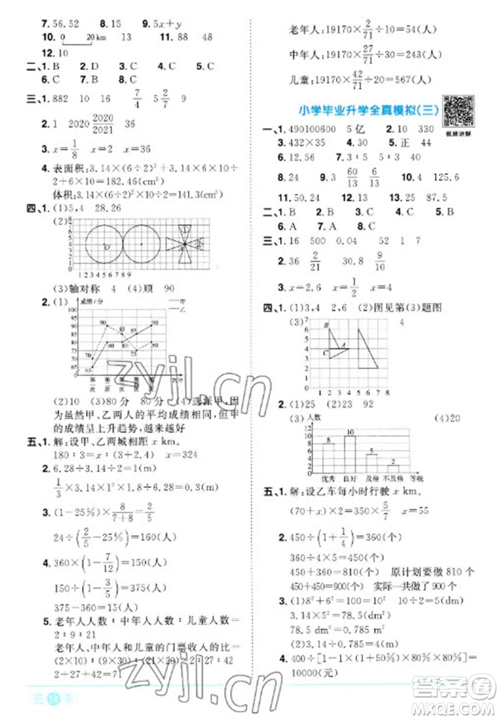 江西教育出版社2023陽光同學(xué)課時優(yōu)化作業(yè)六年級數(shù)學(xué)下冊人教版浙江專版參考答案